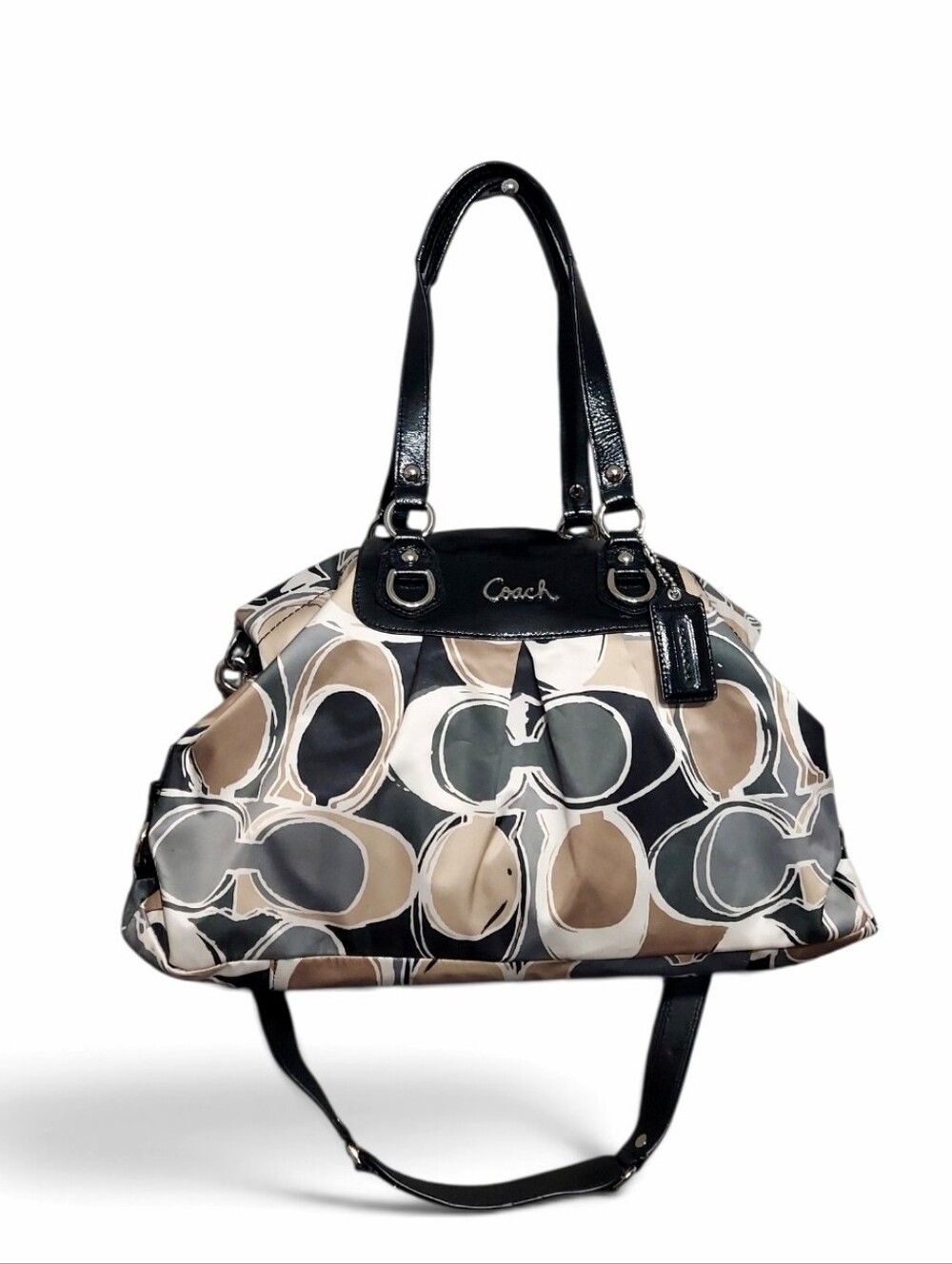 Coach Ashley Scarf Print Signature Sateen & Black  Leather Satchel No. F17644